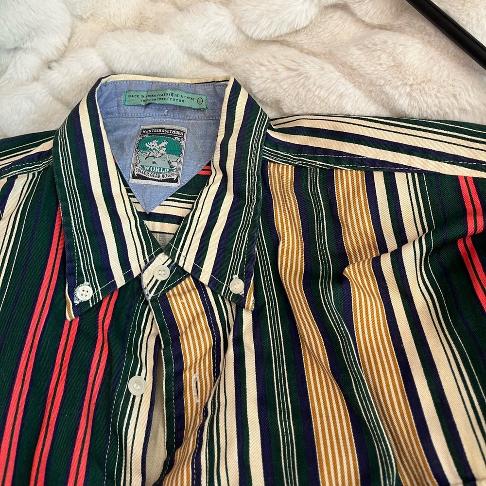 VTG Rare McIntosh & Seymour Mens L Green Cream Striped World Soccer Rugby Shirt